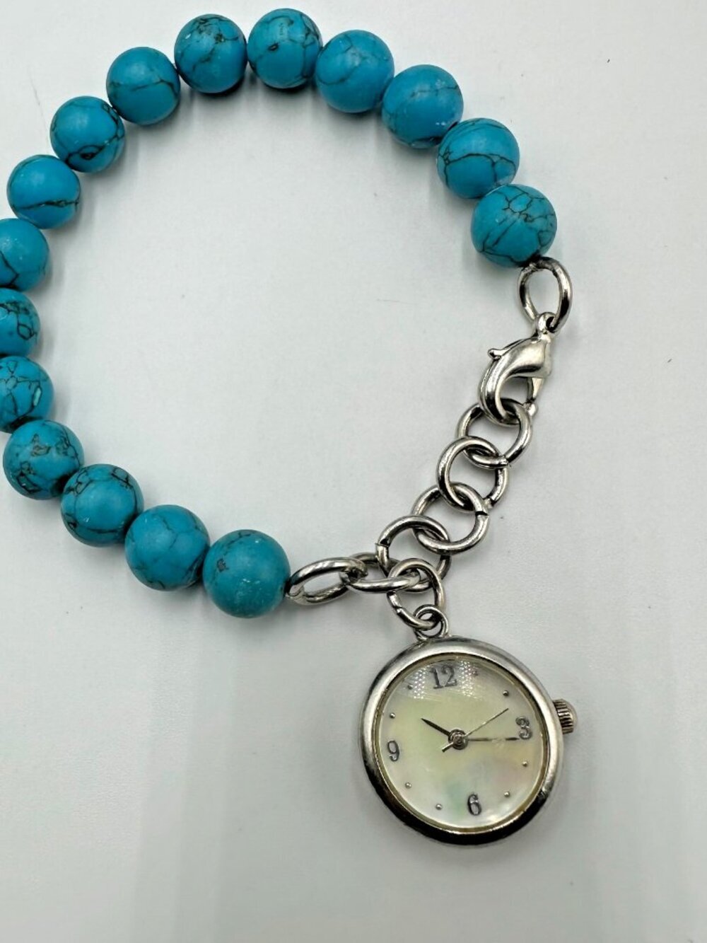 Faux Turquoise Band Beaded Watch Women Mother of Pearl Dial Works  7.75 Inch